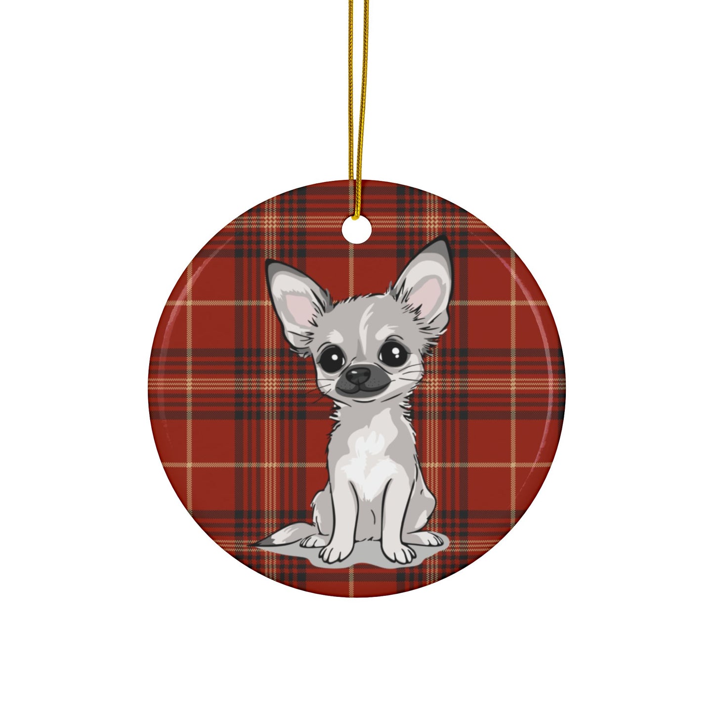 White Chihuahua Puppy Dogs Red Plaid Christmas Tree Ornament, Festive Xmas Holiday Decorations 1, 3, 5, 10 Pack Ornaments