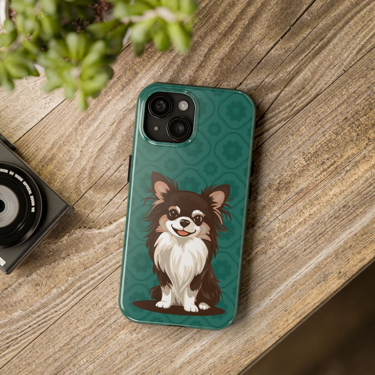Long Haired Chihuahua Dog Phone Case, Tough Phone Cases Pet Dogs Teal Pattern