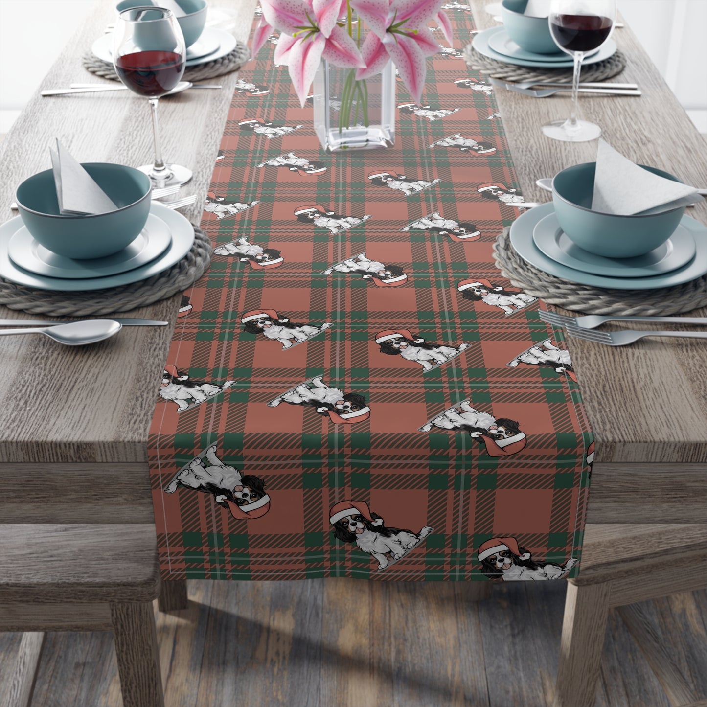 Festive Cavalier King Charles Spaniel Dog Holiday Table Runner, Christmas Home Decor, Dining Tablecloth Linens, Plaid Table Setting Runners
