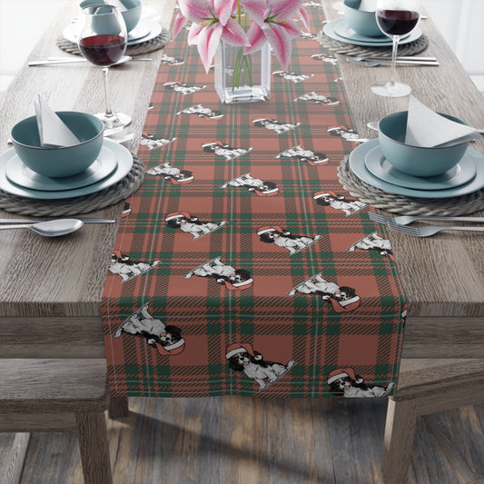 Festive Cavalier King Charles Spaniel Dog Holiday Table Runner, Christmas Home Decor, Dining Tablecloth Linens, Plaid Table Setting Runners