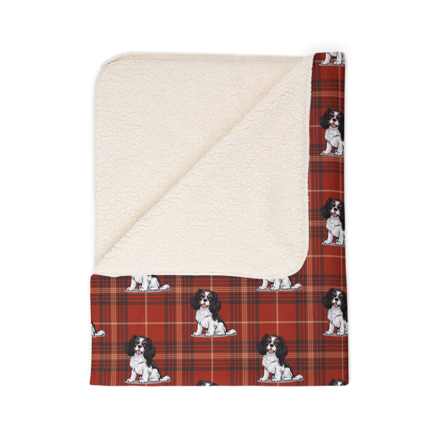 Tricolor Cavalier King Charles Spaniel Red Plaid Fleece Sherpa Blanket, Dogs Pattern Throw Blankets Bedding