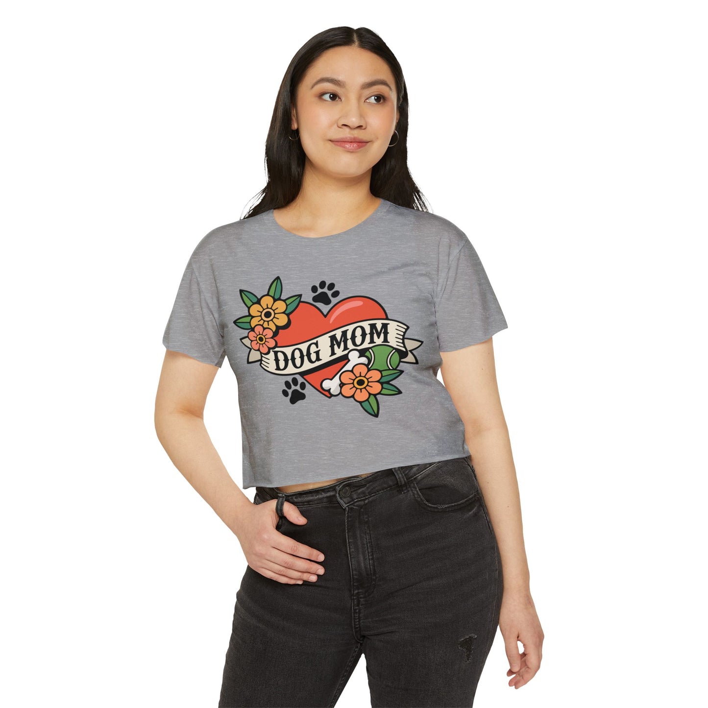 Dog Mom Heart Tattoo Crop Top | Retro Artwork Cropped T-shirt Floral Dogs Paw Print Design, Childless Dog Lady Pet Owner Tattoos Tee