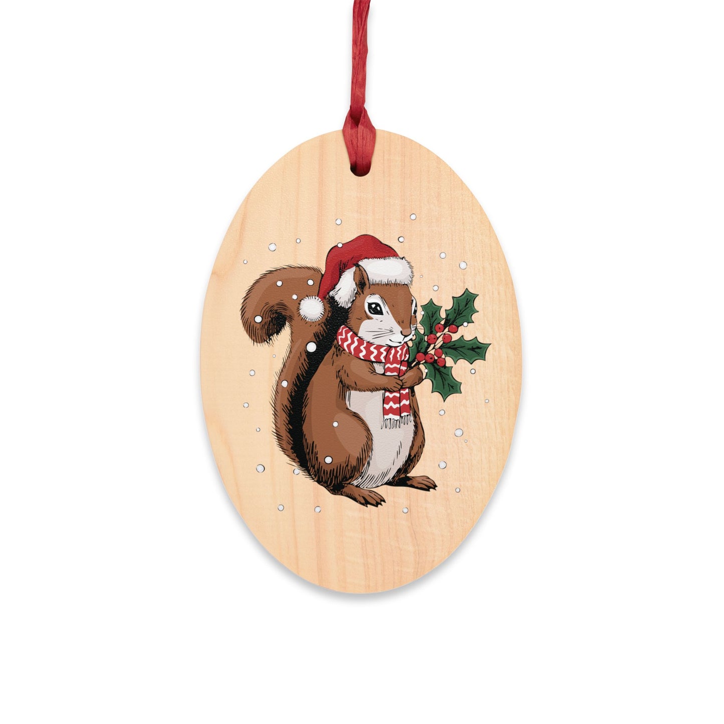 Holiday Squirrel Wooden Christmas Tree Ornaments, Festive Holiday Xmas Squirrels In Santa Hat Oval Or Heart Shape Ornament Seasonal Decor