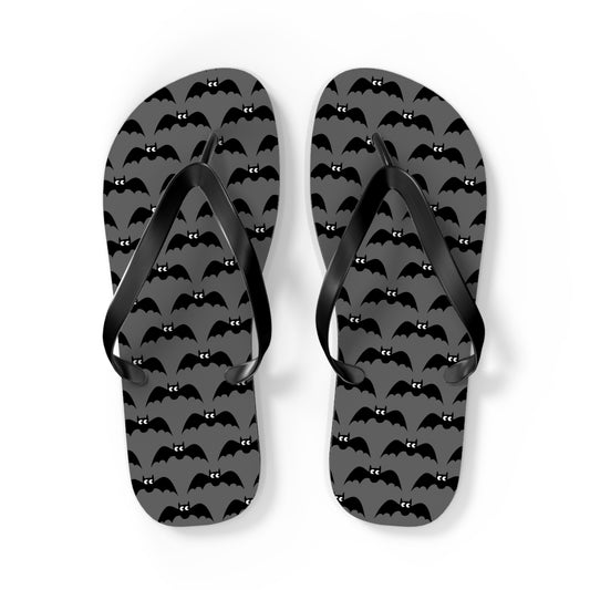 Bat Pattern Flip Flops | Black & Gray Goth Halloween Bats Print Sandals, Gothic Beach Pool Summer Footwear