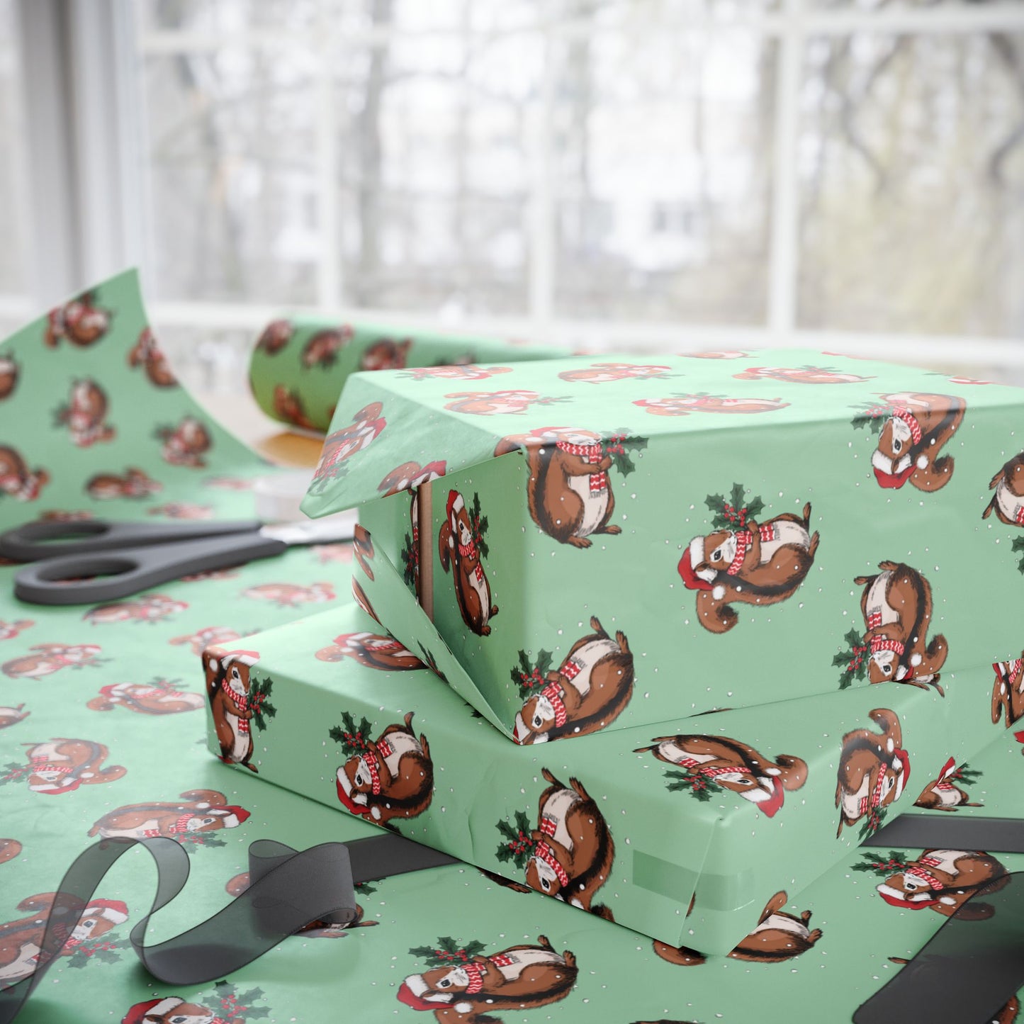 Squirrel Christmas Wrapping Paper, Festive Squirrels Print, Cheery Sage Green Holiday Gift Wrap With Snowy Xmas Squirrel In Santa Hat