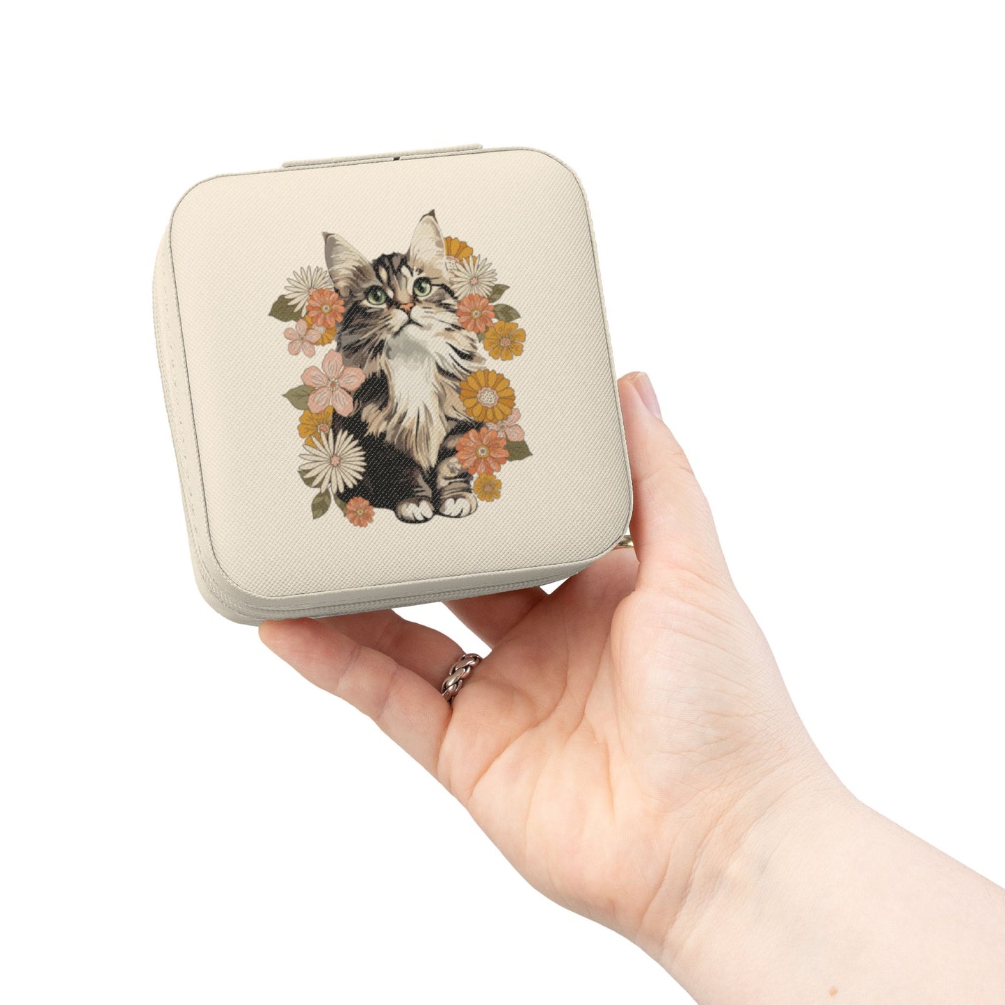 Floral Kitten Jewelry Travel Case, Cute Retro Cat & Flowers Compact Ring Necklace Earring Organizer, Plush Lined 4"x4"x2" Jewelry Box