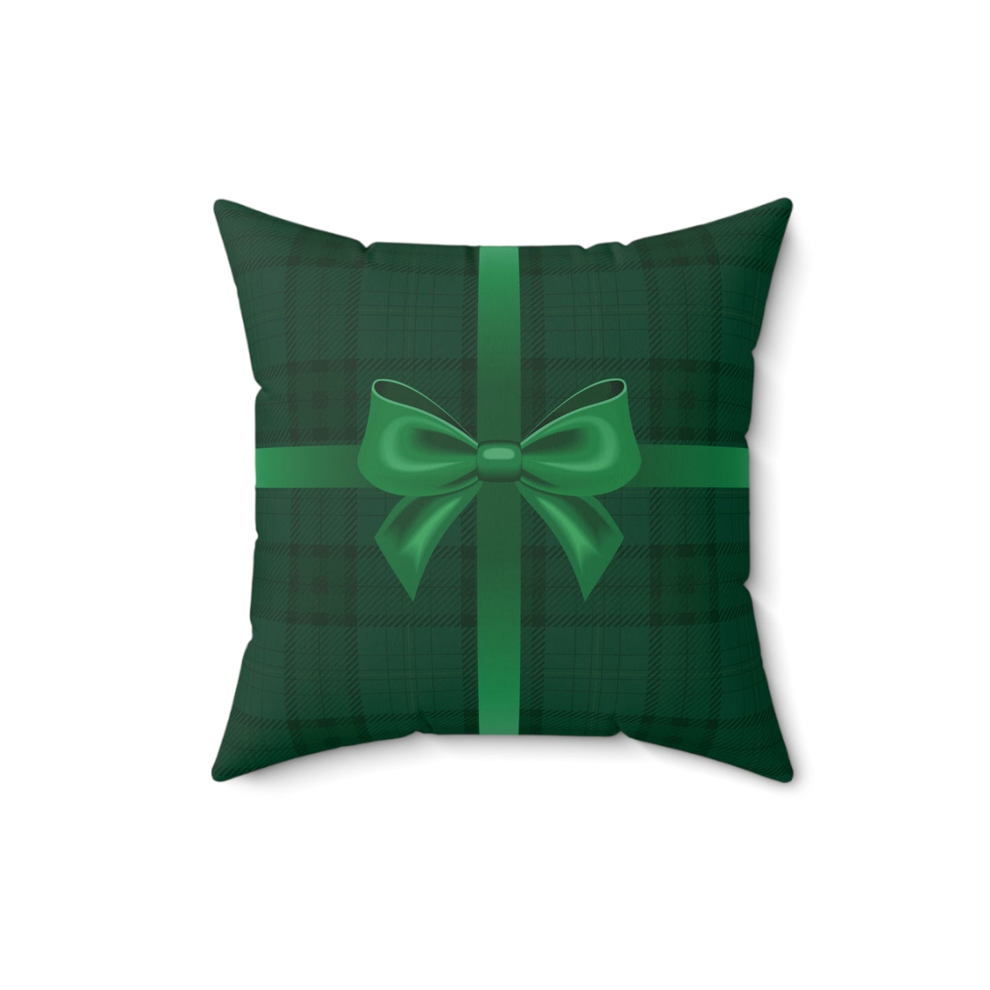 Holiday Gift Throw Pillow, Green Bow on Green Plaid Wrapped Present Pillows, Christmas Home Decor Xmas Decorations, Square Cushion and Cover