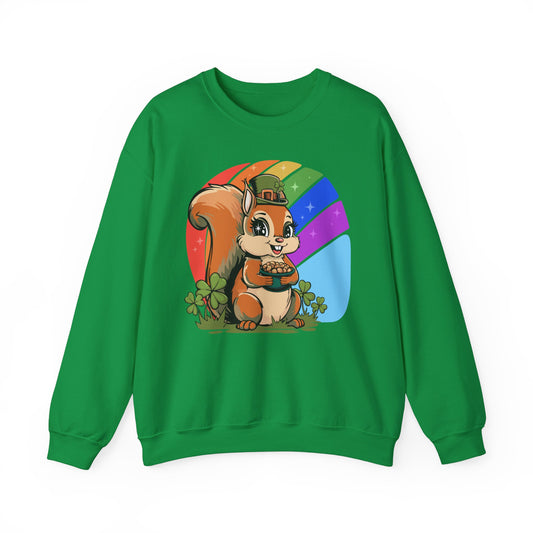 St Patrick's Day Crew Neck Sweatshirt with Leprechaun Squirrel, Spring Holiday Sweater Lucky Charm Unisex Long Sleeve Top