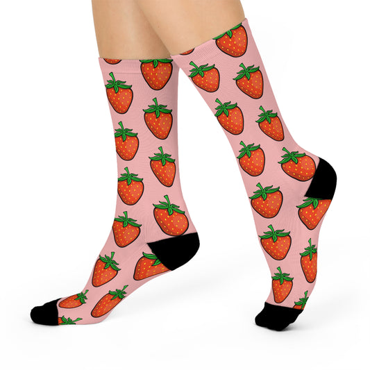 Strawberry Pattern Crew Socks | Pink Strawberries Print Socks, Novelty Fruit Print Footwear Accessories