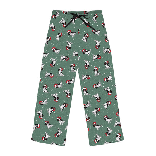 Christmas Cavalier King Charles Spaniel Dog Women's Pajama Pants, Holiday Xmas Dogs In Santa Hat Drawstring Pajamas, Winter Pajama Bottoms