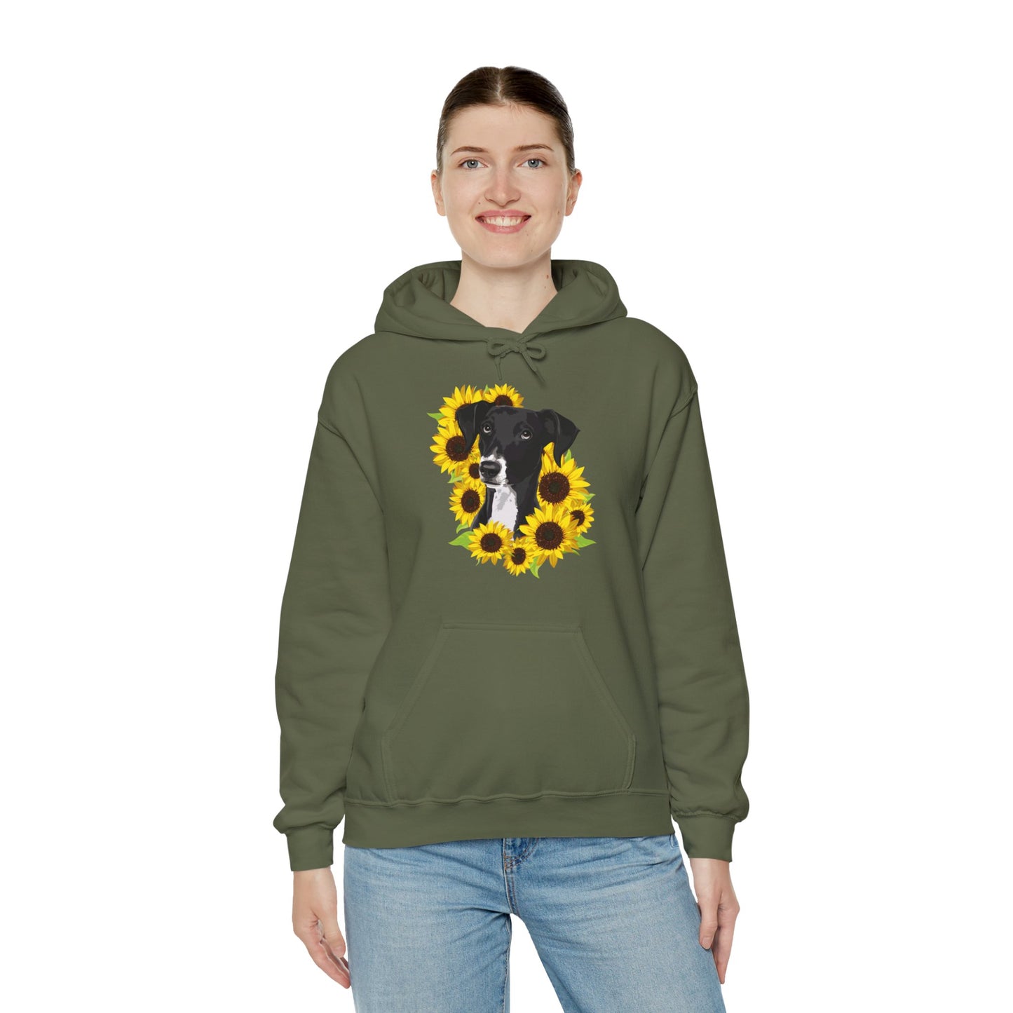 Marley Dog in Sunflowers Pullover Hoodie Hooded Sweatshirt with Black Lab Dog with Sunflower Art Print