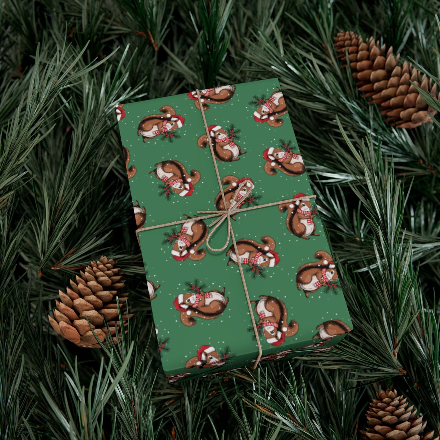 Squirrel Christmas Wrapping Paper, Festive Squirrels Print, Cheery Green Holiday Gift Wrap With Snowy Xmas Squirrel In Santa Hat