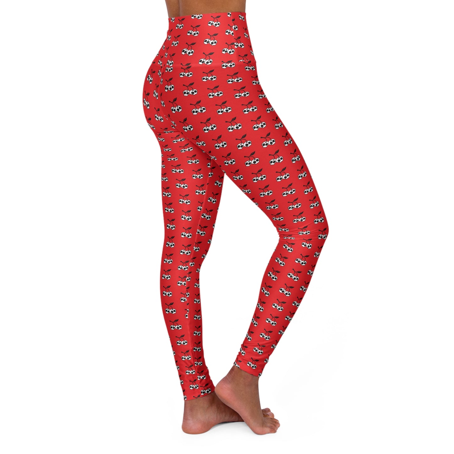 Red Cherry Skulls High Waisted Yoga Leggings - Rockabilly Gothic Skull Cherries Pattern Women's Activewear Pants