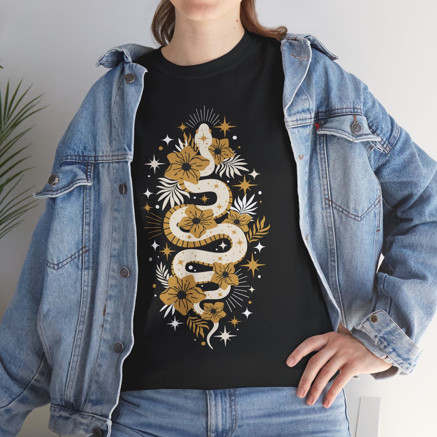 Boho Golden Snake Stars Flowers Cotton Tee, Unisex T-Shirt, Hippie Graphic Print Shirt, Bohemian Festival Top, Celestial Serpent Tee