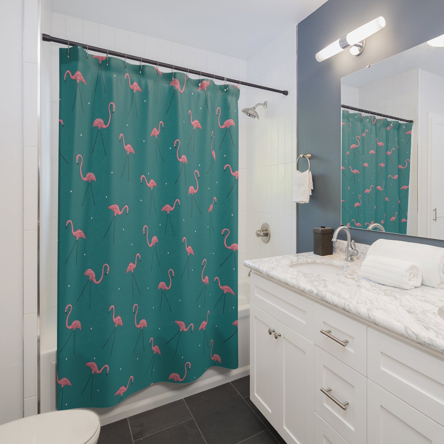 Pink Plastic Flamingos Teal Bathroom Shower Curtain - Lawn Flamingo Pattern