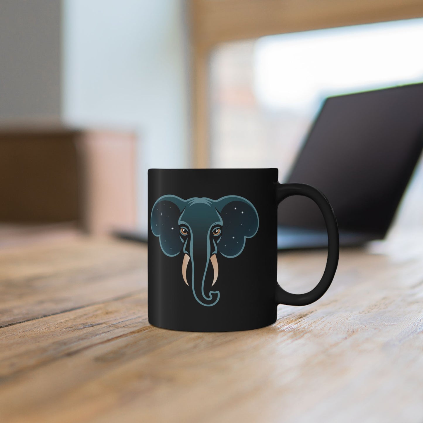 Starry Elephant Black Mug | Celestial Stars Elephants Ceramic Coffee Cup, Black Drinkware Tea Mugs 11 Ounce