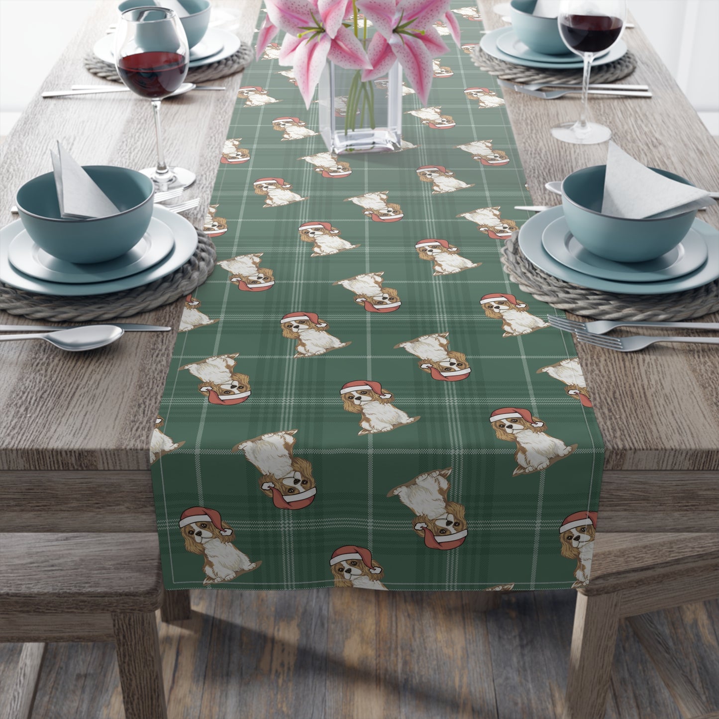 Festive Cavalier King Charles Spaniel Dog Holiday Table Runner, Christmas Home Table Decor, Dining Tablecloth Linens, Table Setting Runners