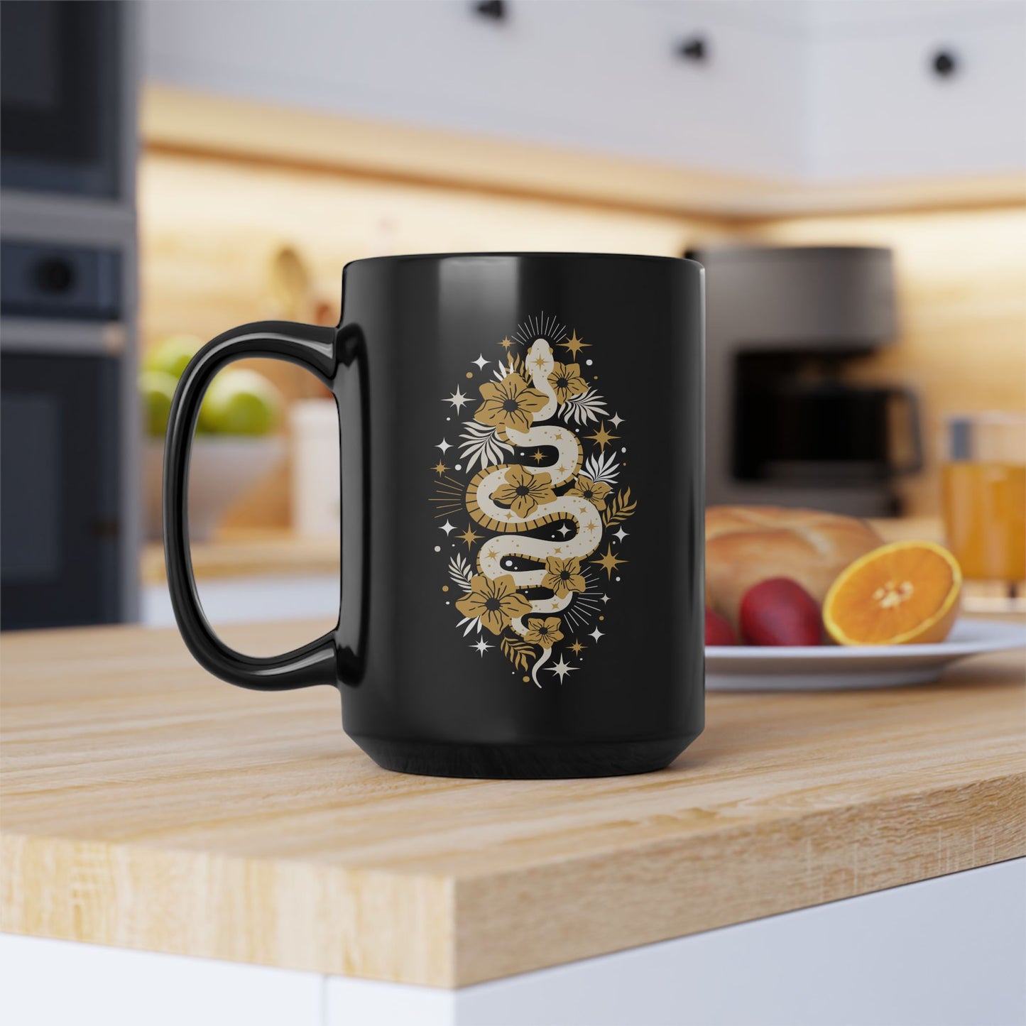 Mystic Golden Snake Black Mug, Boho 15oz Ceramic Coffee Cup, Unique Serpent Design, Coffee Lovers Mugs