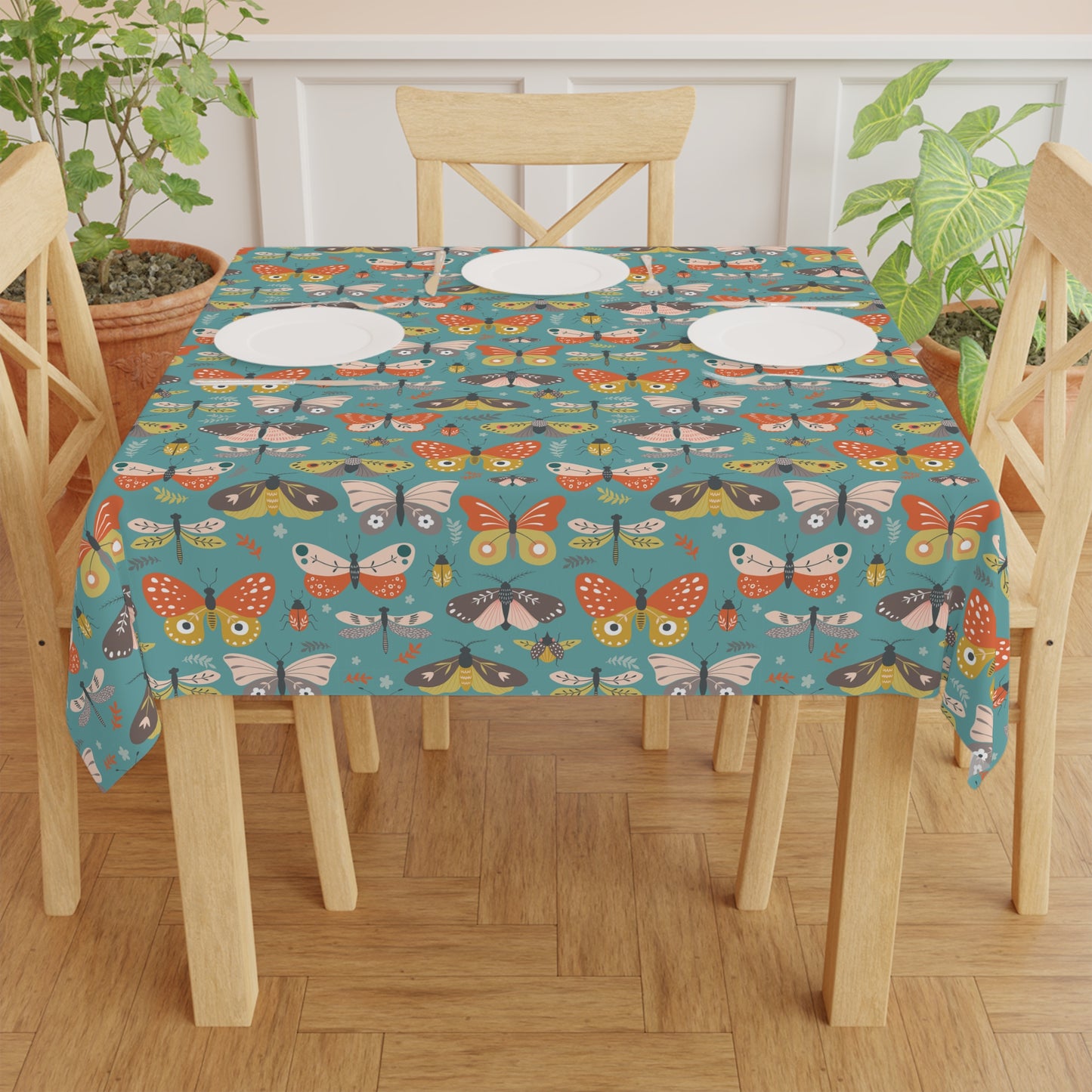 Flutter Frolic Moth, Butterfly, Dragonfly Bug Print Tablecloth - 55x55" Square Fabric Table Cloth with Cute Insect Pattern