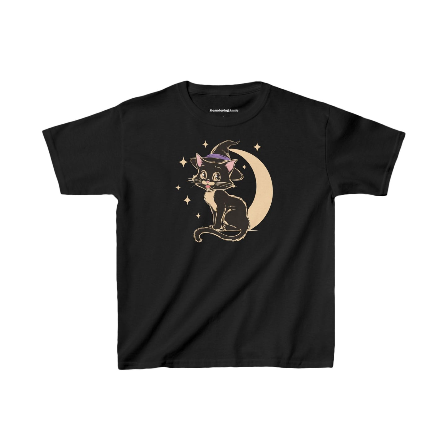 Witchy Kitty Kids T-shirt - Halloween Black Cat with Witch Hat & Moon Print on Children's Tee