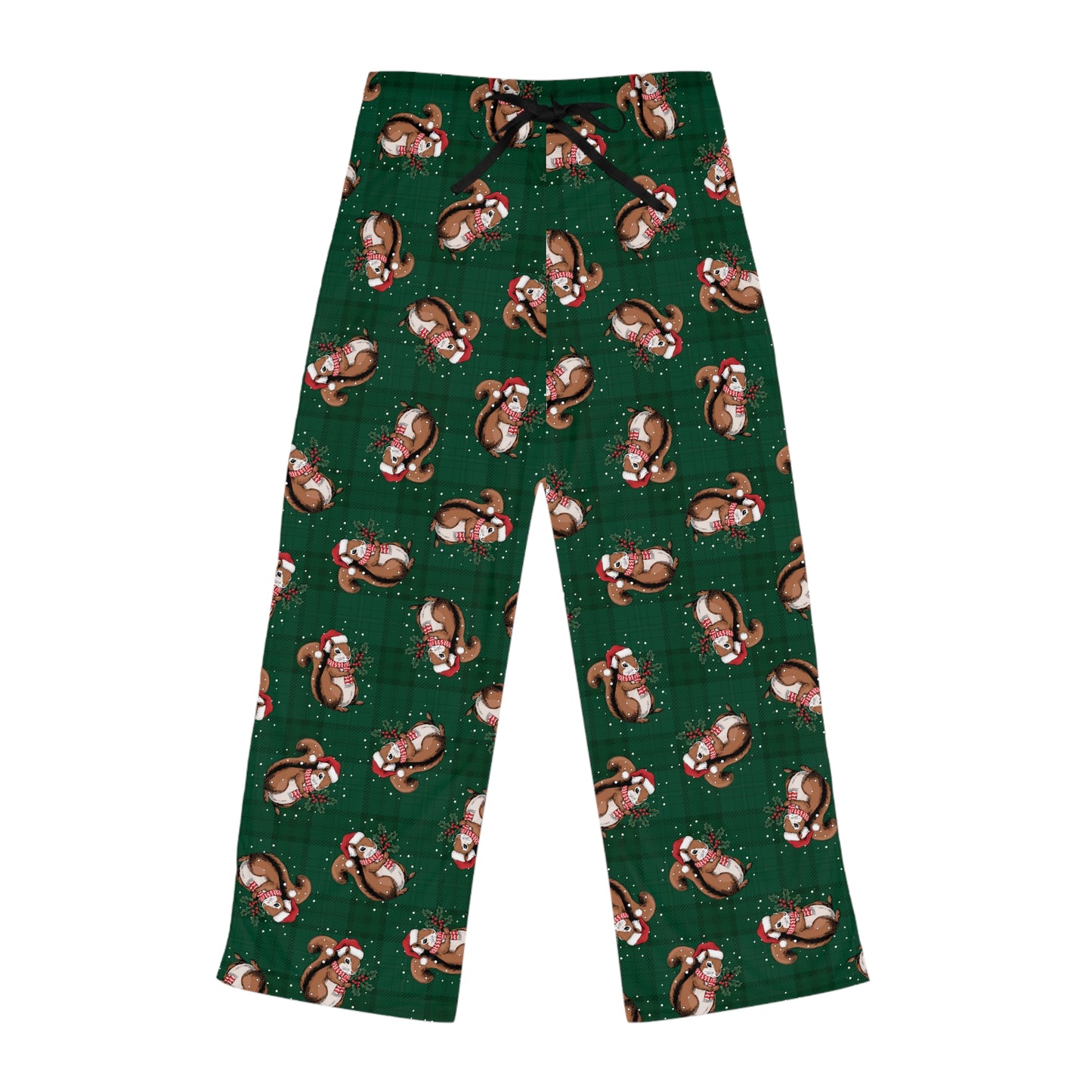 Christmas Squirrels Women's Christmas Pajama Pants, Santa Squirrel Plaid PJ Bottoms, Cozy Winter Loungewear, Matching Holiday Sleepwear