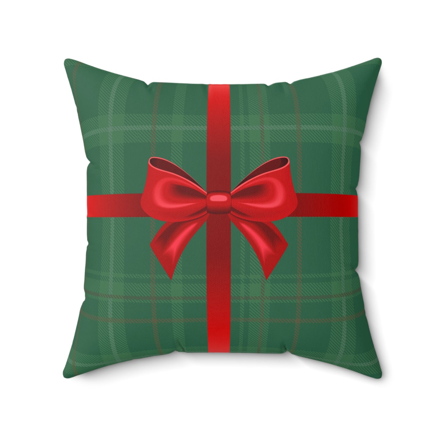 Holiday Gift Throw Pillow, Red Bow on Green Plaid Wrapped Present Pillows, Christmas Home Decor Xmas Decorations, Square Cushion and Cover