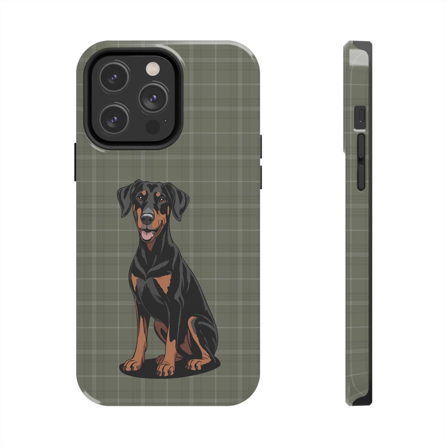 Doberman Pinscher Dog Phone Case, Tough Phone Cases Pet Dogs Green Plaid Pattern