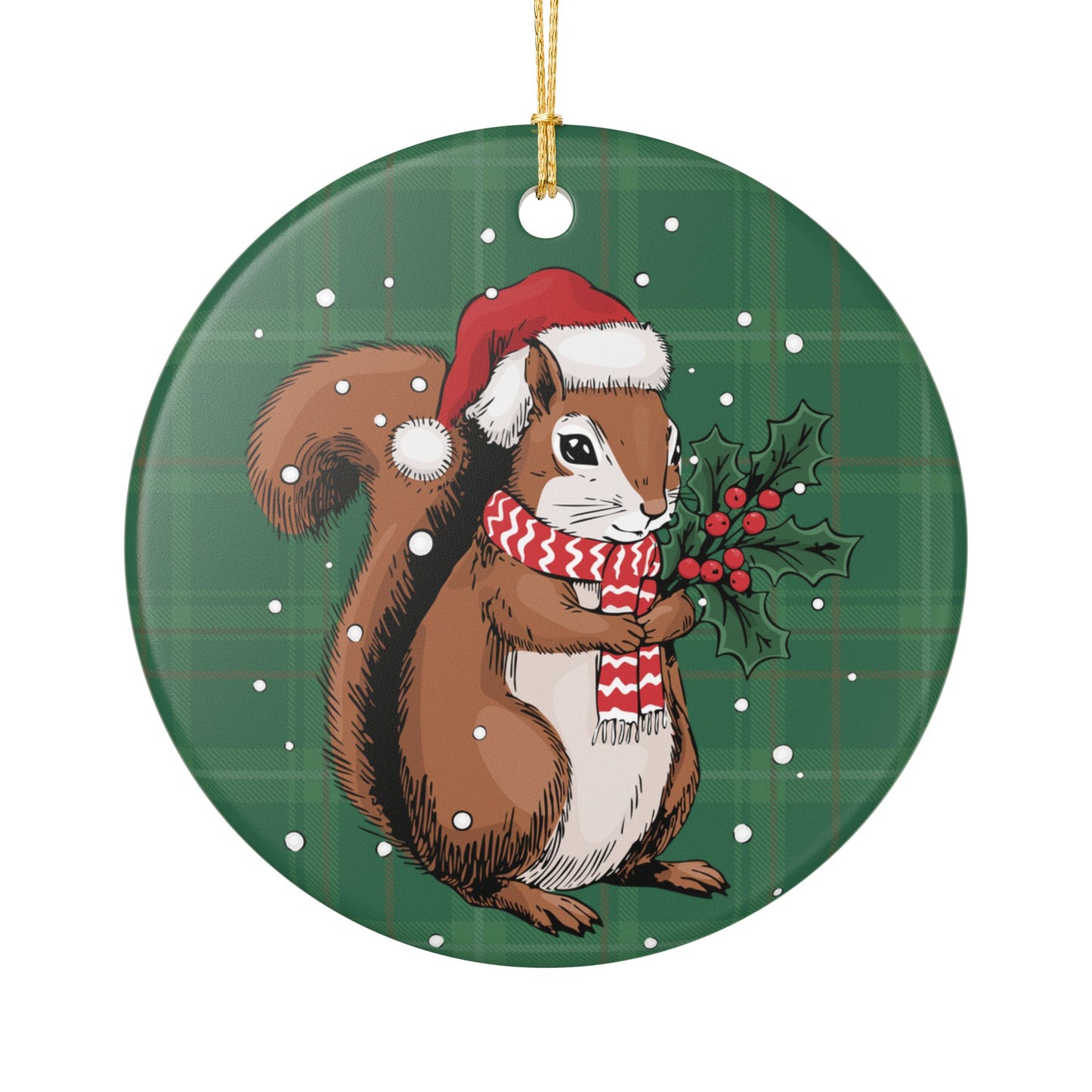 Santa Squirrel Christmas Tree Ornament, Xmas Squirrels Holiday Decorations, Green Plaid Ceramic Ornaments, Woodland Animals Theme Decor