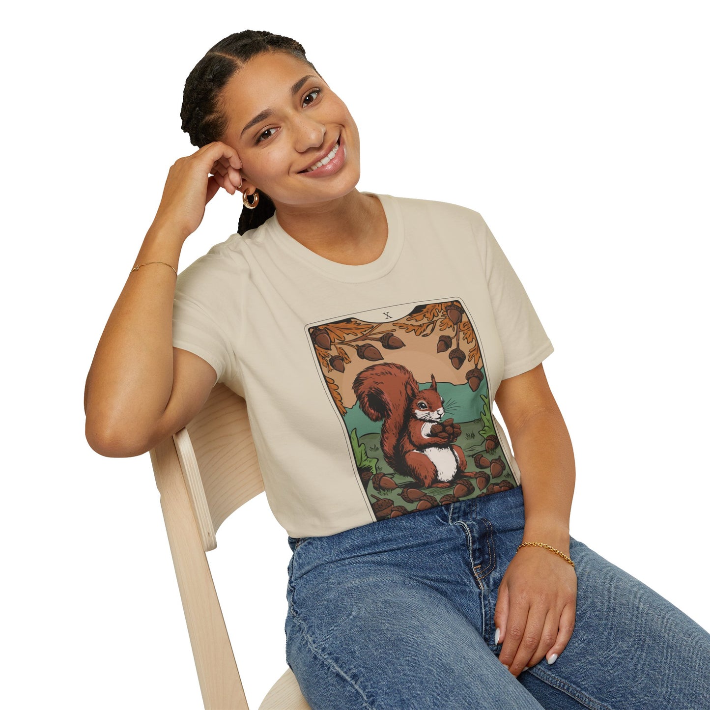 The Forager Squirrel Tarot Card T-shirt Softstyle Graphic Tee with Nut Foraging Squirrels Tarot Card Print