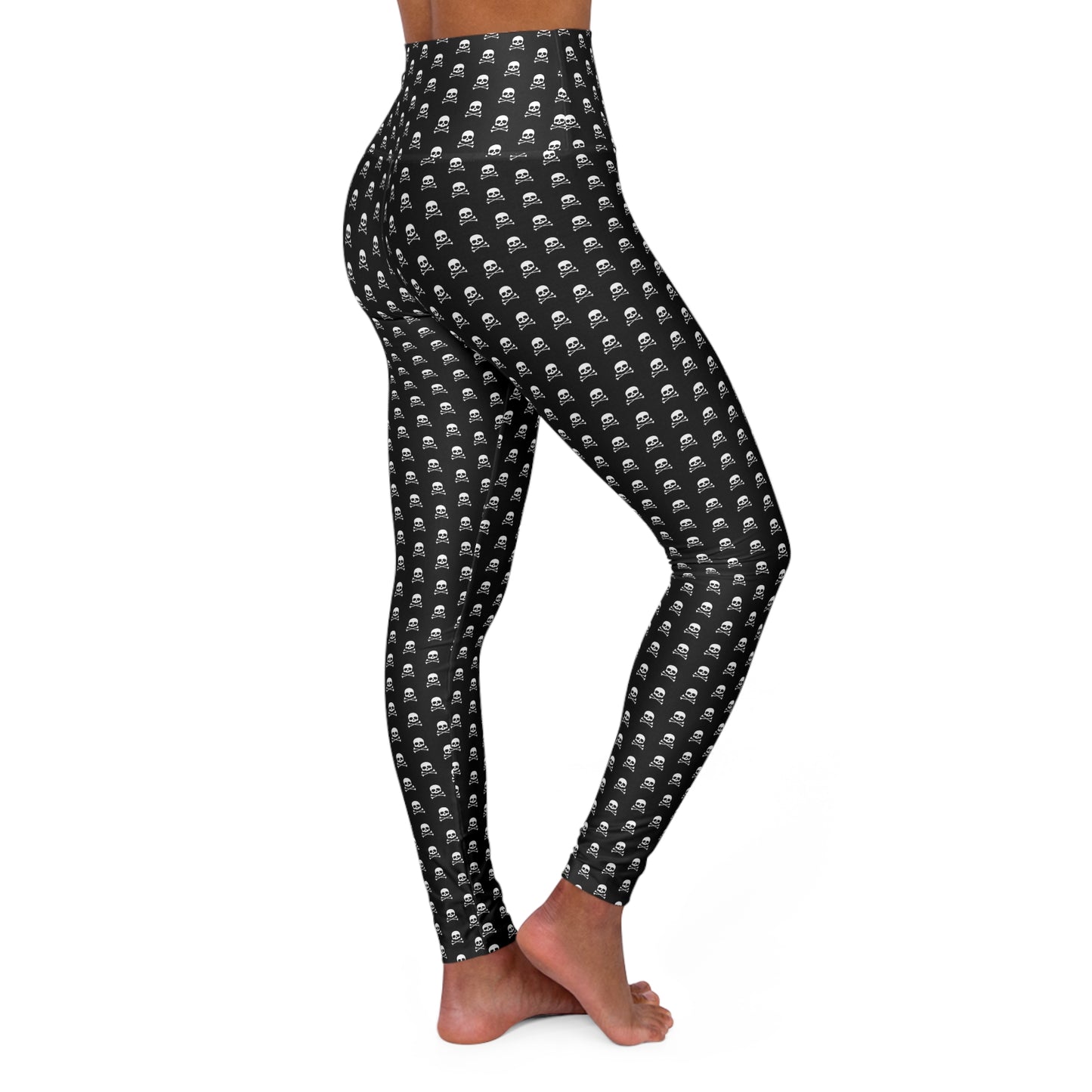 Black Skull & Crossbones High Waisted Yoga Pants Leggings - Halloween Goth Gothic Skulls Print Legging Pants Activewear