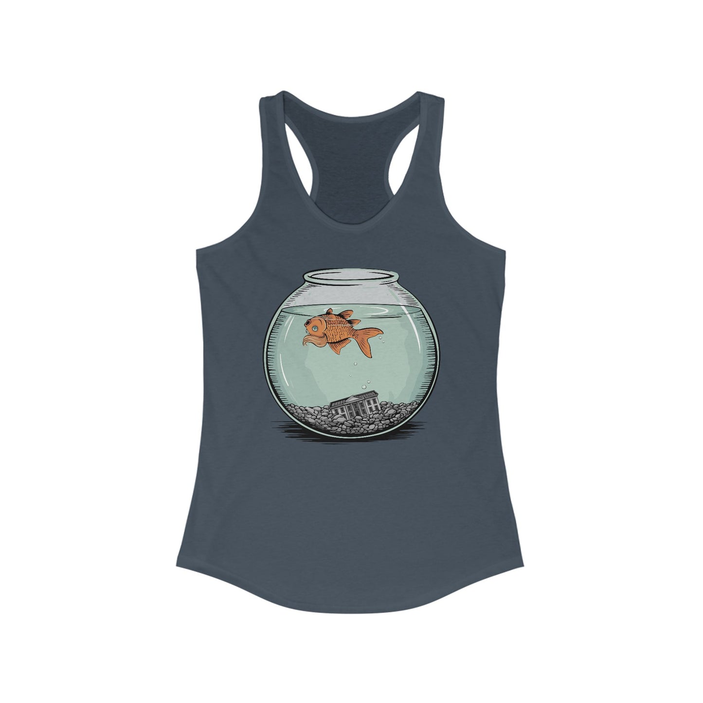 Dead Goldfish In A Fishbowl Tank Top, Funny Politics Women's Tops, Leftist Liberal Political Humor Shirts, Orange Fish Floating