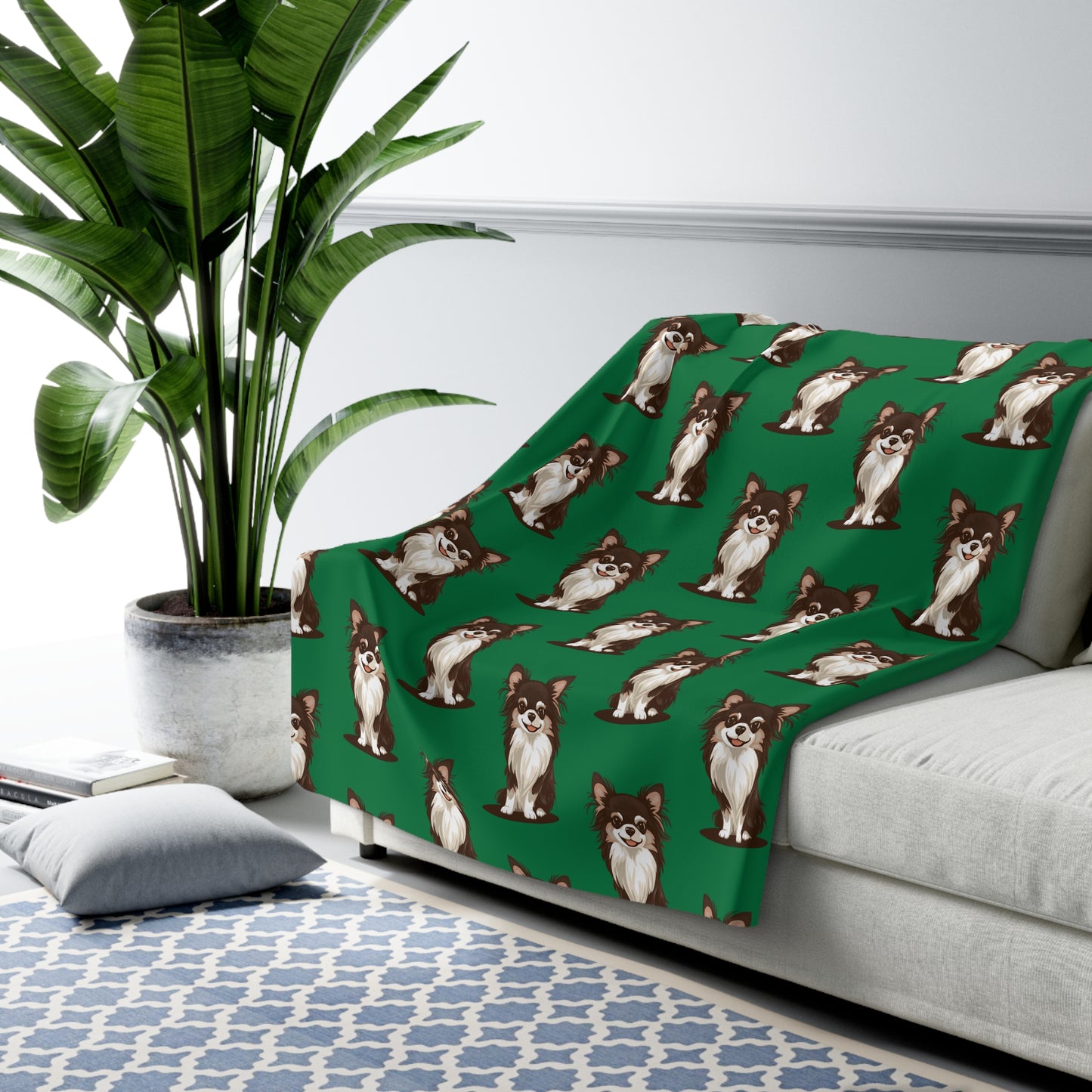 Long Haired Chihuahua Dog Green Sherpa Fleece Blanket Cute Doggy Puppy Print, Green Chihuahuas Pattern Throw Blankets Bedding
