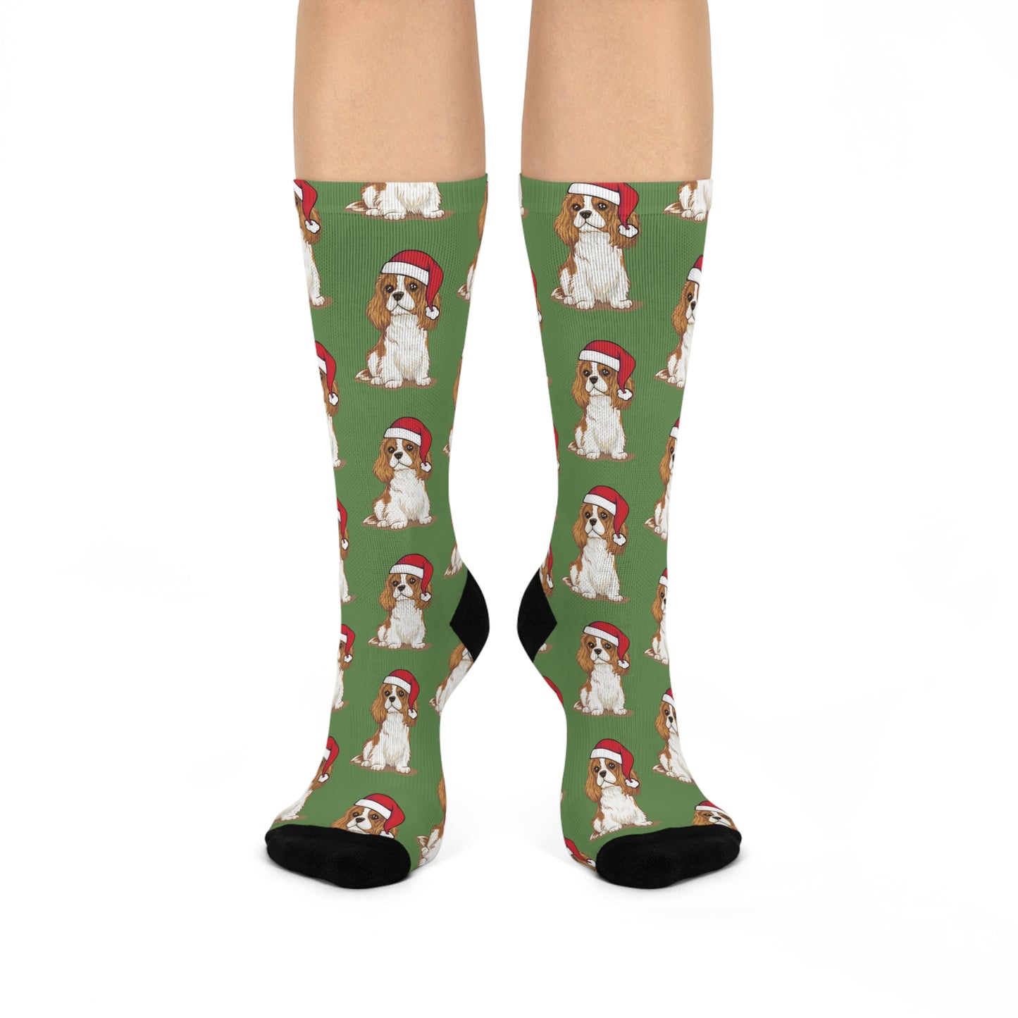 Cavalier King Charles Spaniel Dog Socks, Holiday Santa Dogs Crew Socks, Christmas Novelty Socks, Xmas Puppies Pattern