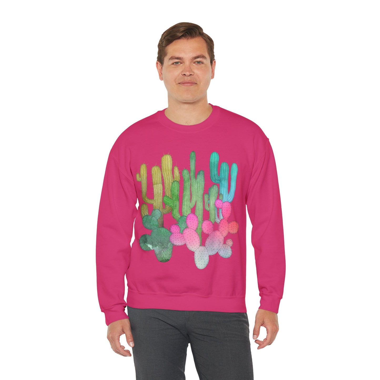 Cactus Garden Arizona Desert Crewneck Pullover Sweatshirt Colorful Saguaro Cactus Print