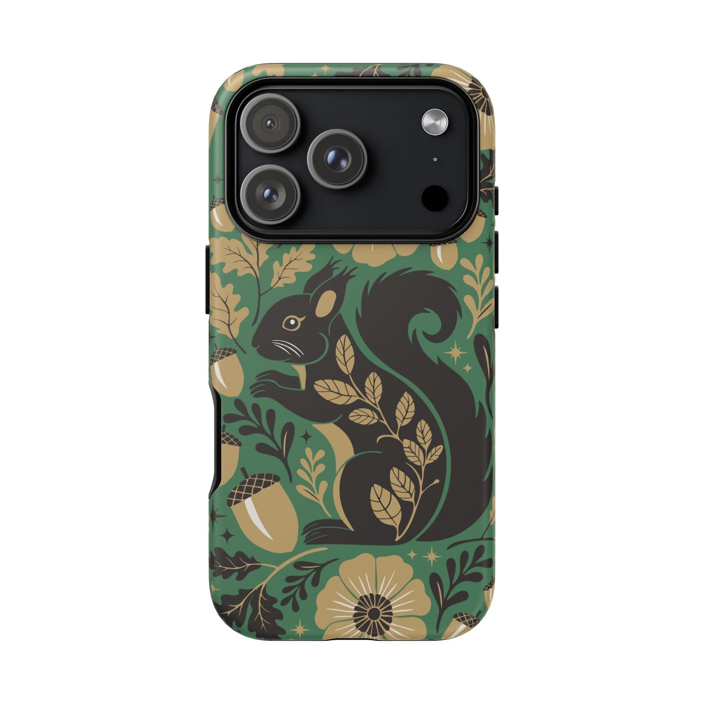 Green Squirrel Floral Pattern Cell Phone Case | Botanical Folk Art Acorn Leaves Design, Iphone Google Pixel Samsung Cases Matte Finish