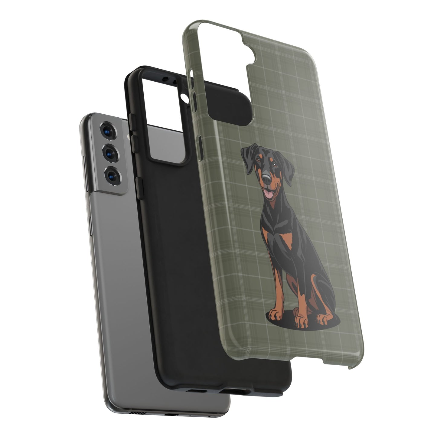 Doberman Pinscher Dog Phone Case, Tough Phone Cases Pet Dogs Green Plaid Pattern