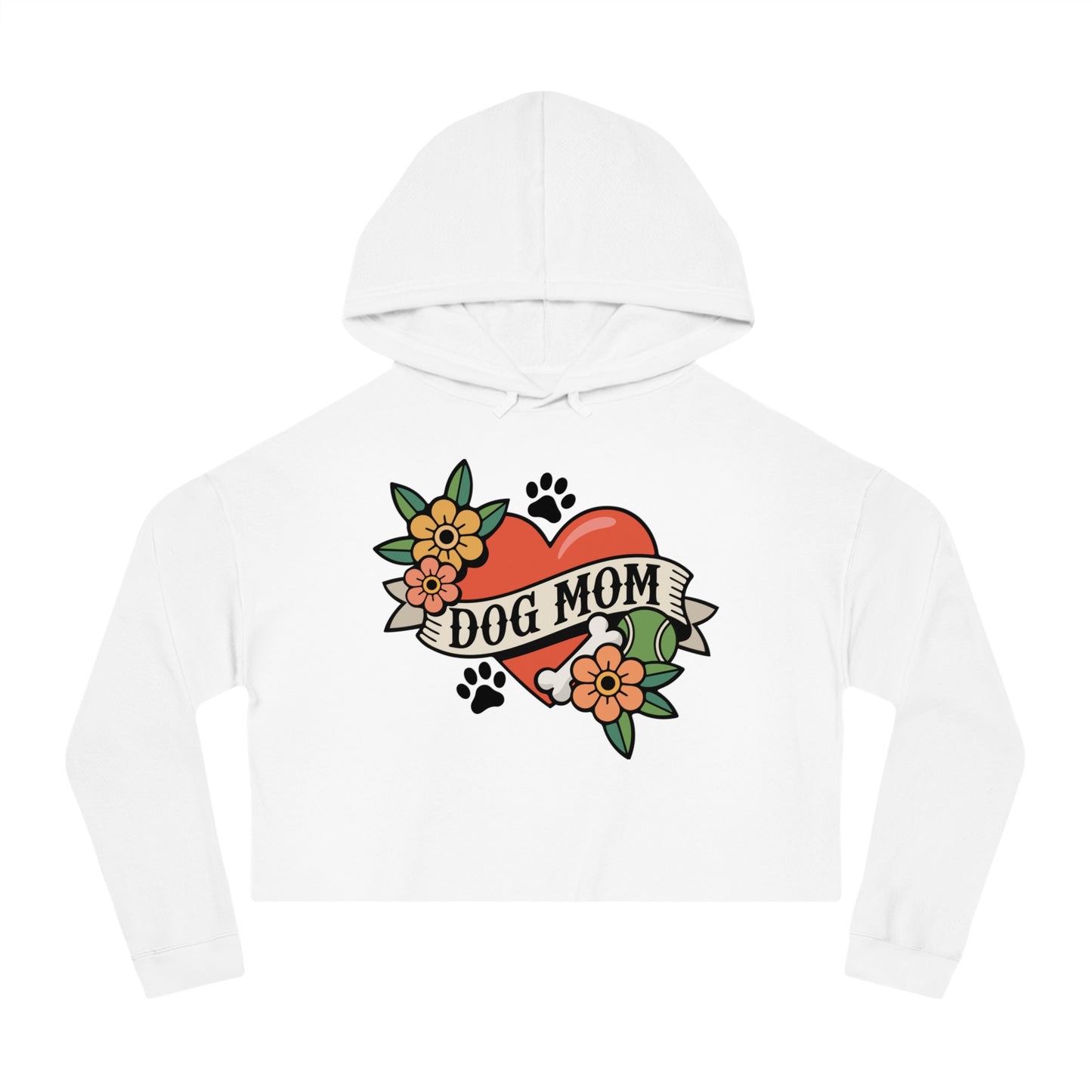 Dog Mom Heart Tattoo Cropped Hoodie, Pullover Sweatshirt Crop Top Long Sleeve, Childless Dog Lady Pet Mama Apparel