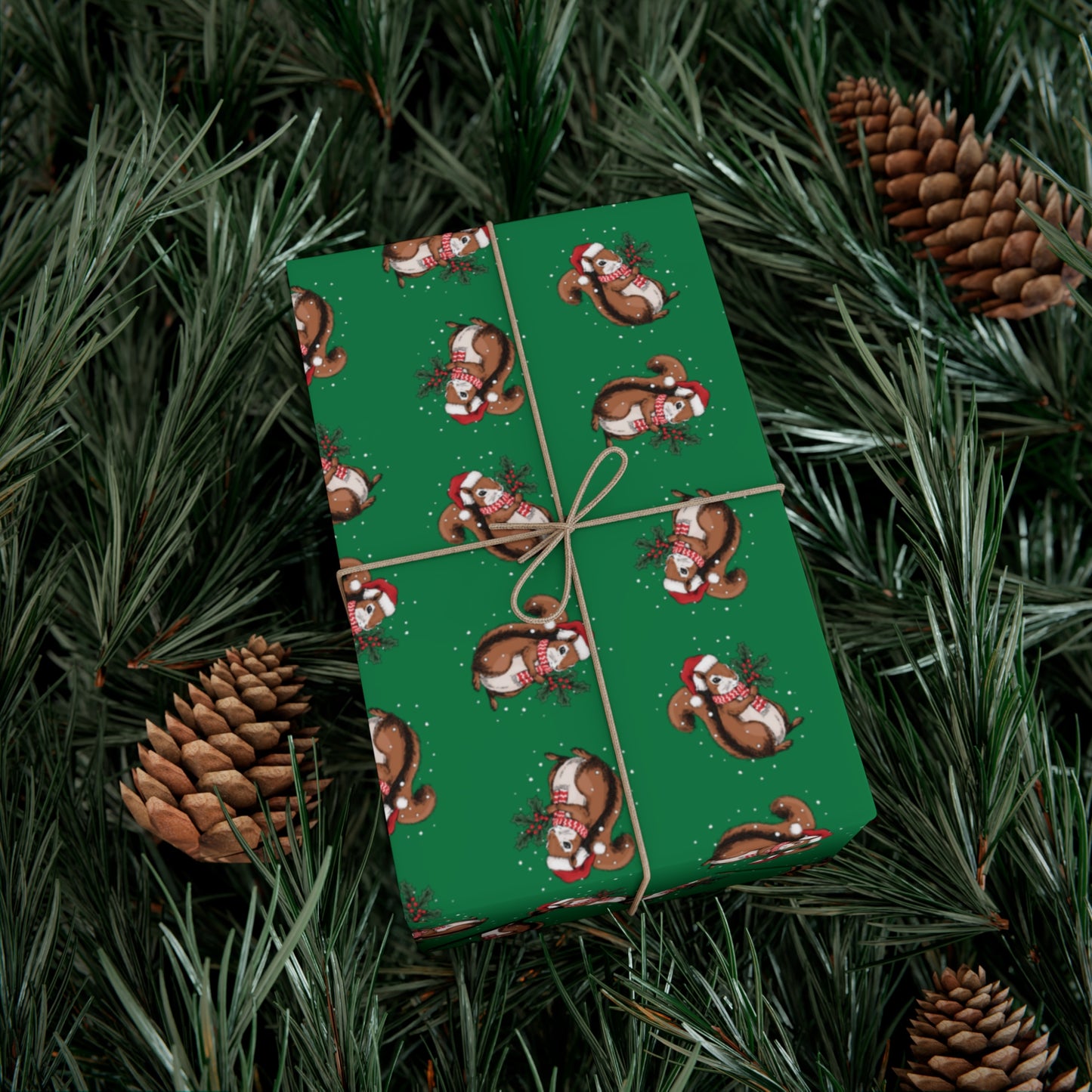 Squirrel Christmas Wrapping Paper, Festive Squirrels Print, Cheery Green Holiday Gift Wrap With Snowy Xmas Squirrel In Santa Hat