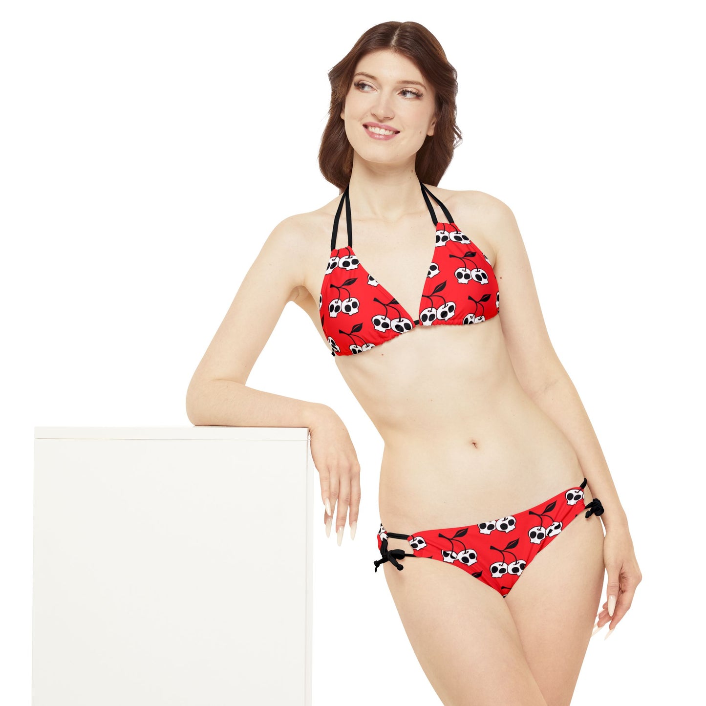 Cherry Skulls Red Strappy Bikini Set - 2 Piece Swimsuit Top & Bottom with Cherries Skull Print Women's Swimwear