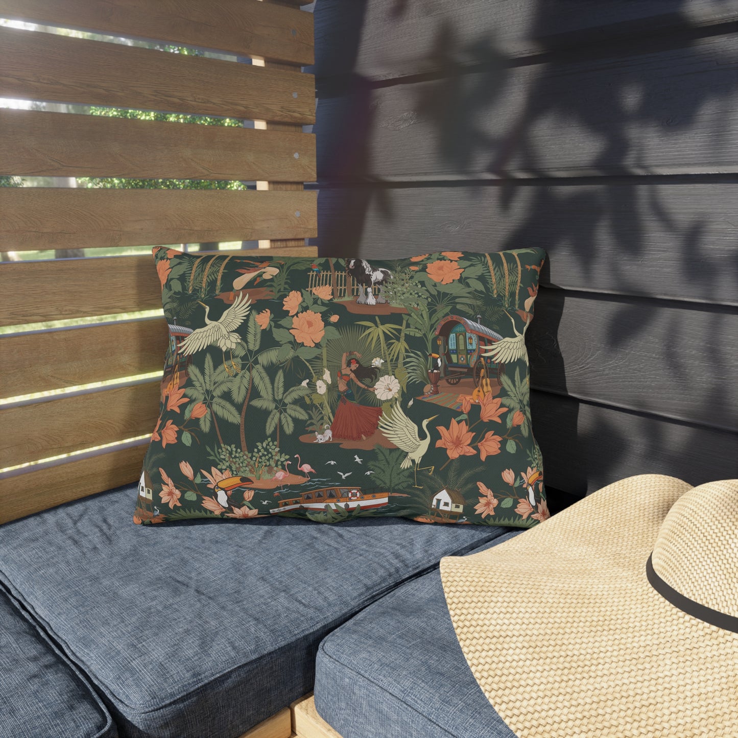 Tropical Nomad Jungle Scene Outdoor Pillows | Vintage Bird Boat Floral Pattern Patio Deck Throw Pillow