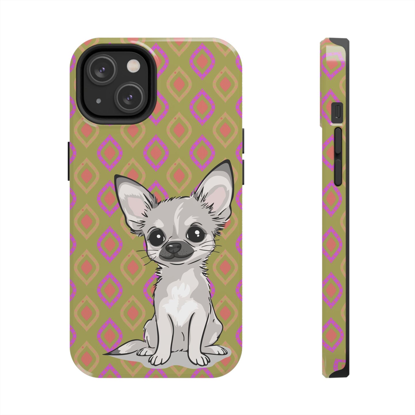 White Chihuahua Puppy Dog Phone Case, Tough Phone Cases Pet Dogs Retro Green  Pattern