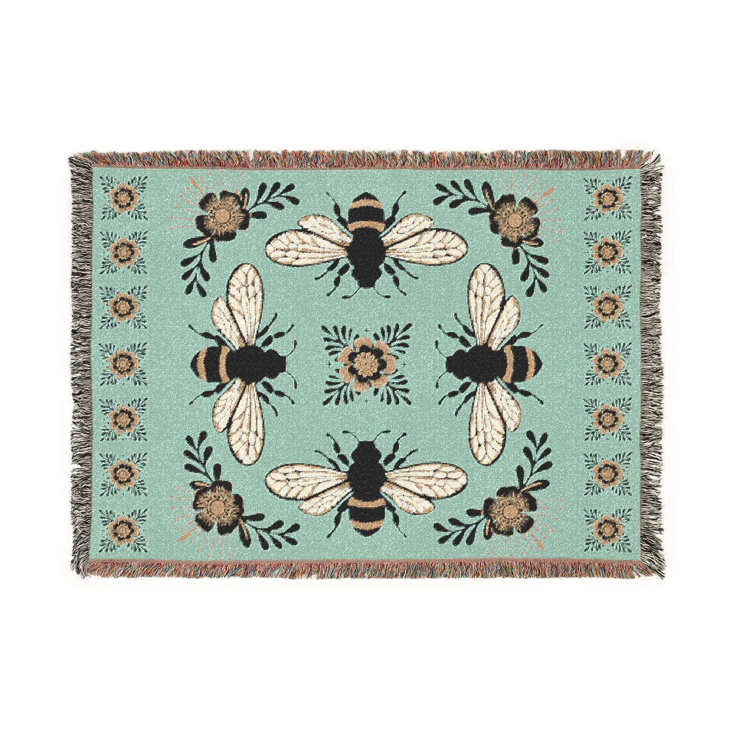Bees and Flowers Botanical Woven Blanket | Home Decor Floral Bee Throw Blankets, 4 Bee Pattern Gift for Women