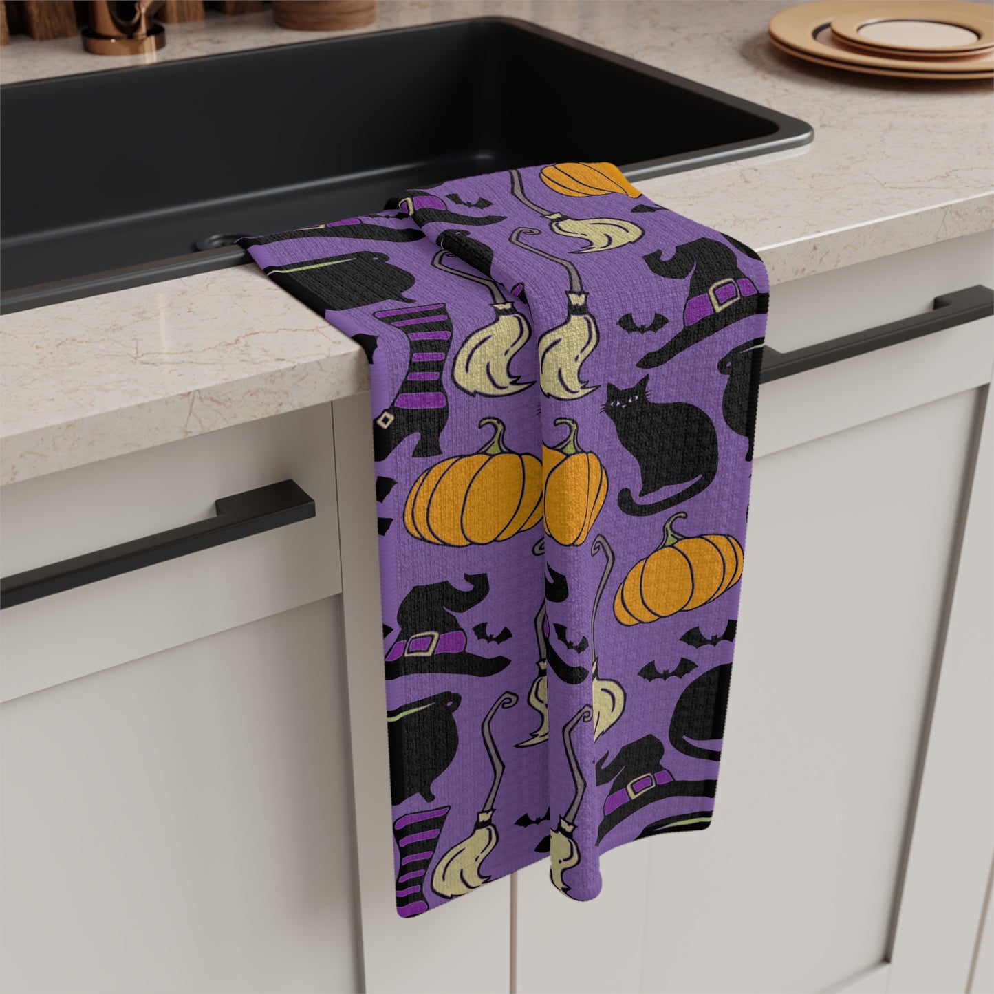Witchy Things Halloween Kitchen Towel Microfiber Tea Towels with Witch Hats, Brooms, Black Cats, Pumpkins, Bats, Cauldrons