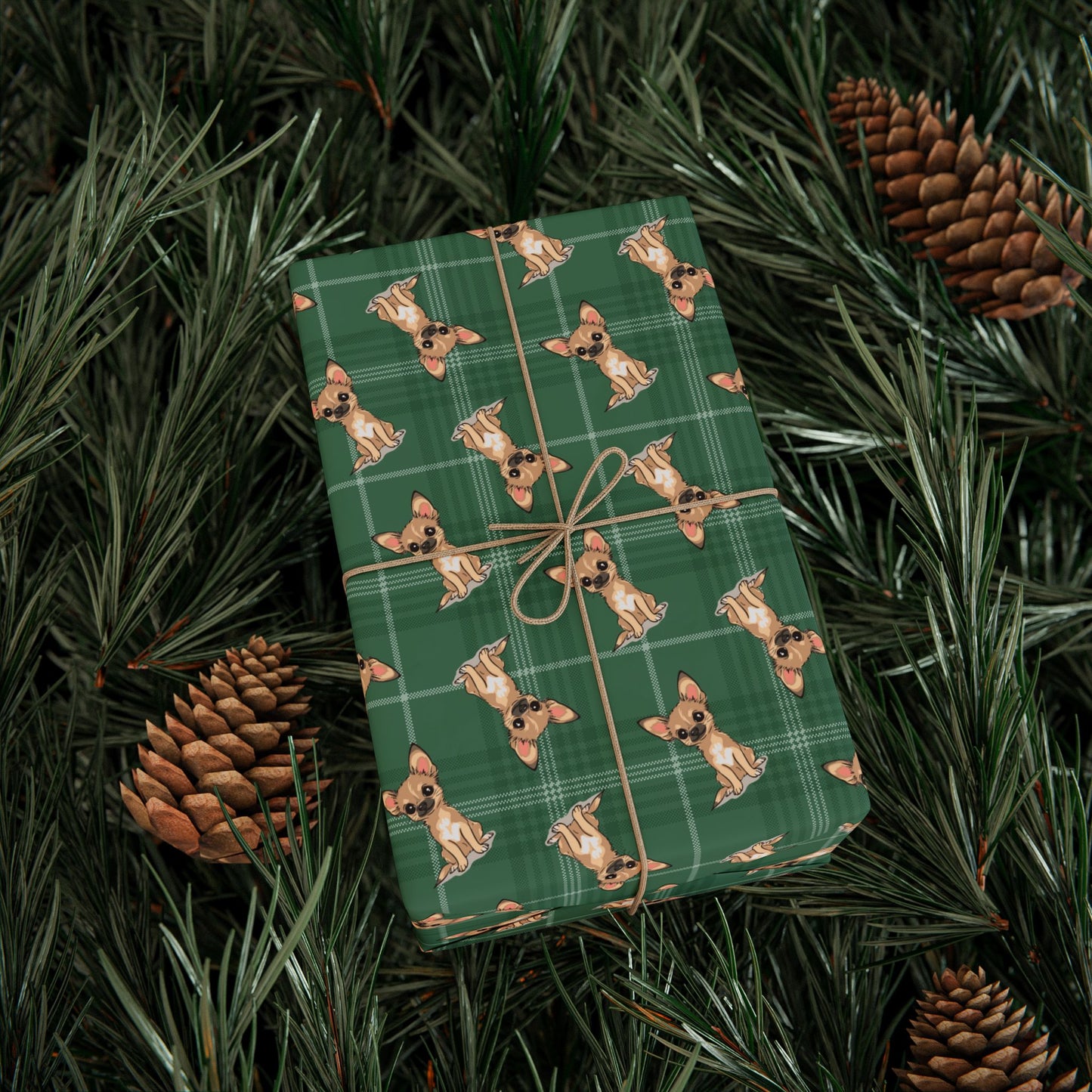 Tan Chihuahua Puppy Dog Wrapping Paper, Green Plaid Dogs Print Gift Wrap Roll, Chihuahuas Christmas Holiday Birthday Matte Wrapping Papers