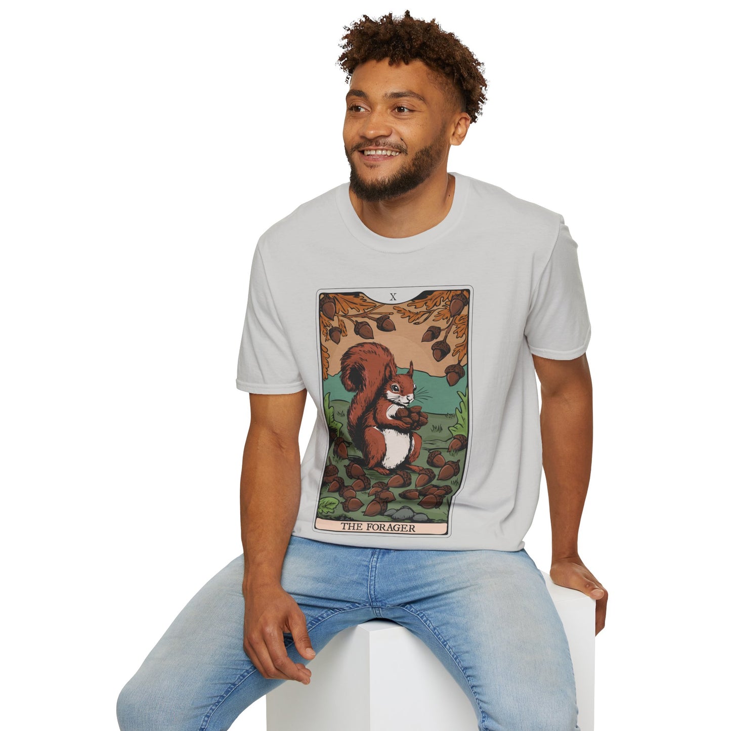 The Forager Squirrel Tarot Card T-shirt Softstyle Graphic Tee with Nut Foraging Squirrels Tarot Card Print