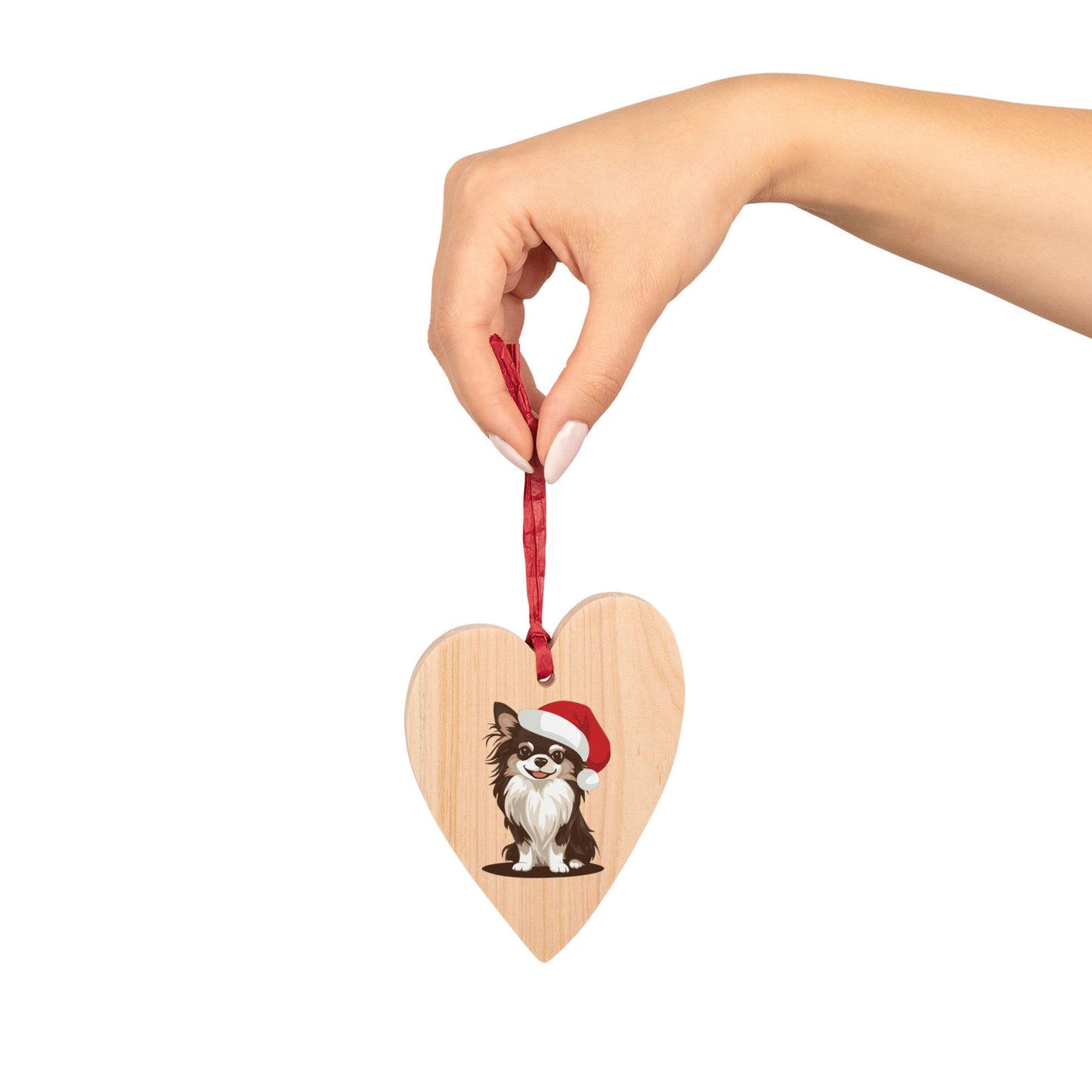 Holiday Long Haired Chihuahua Dog Wooden Christmas Tree Ornaments, Xmas Dogs Santa Hat Oval Or Heart Shape Ornament Seasonal Decor