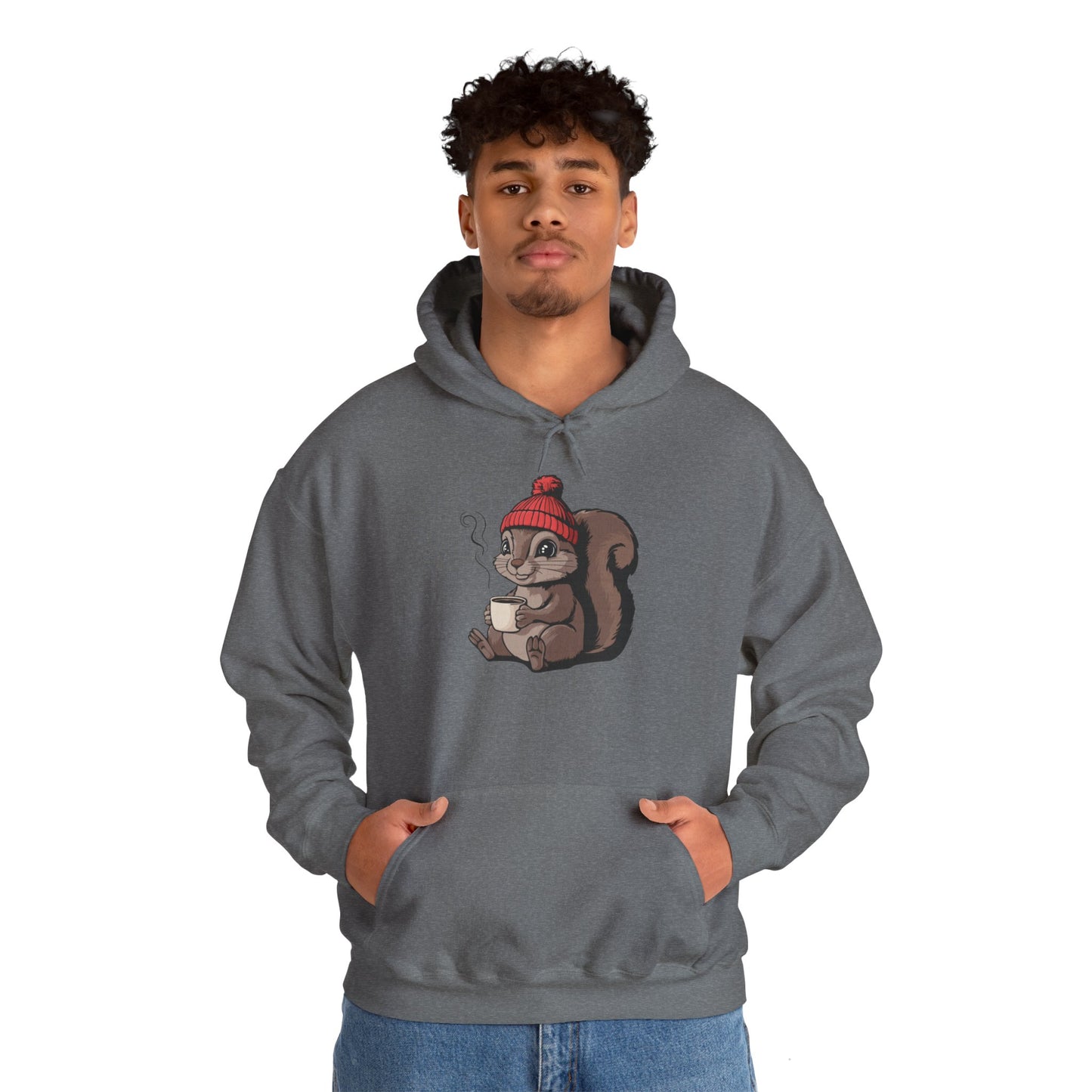 Cozy Squirrel  Pullover Hoodie Unisex Heavy Blend Hooded Sweatshirt with Squirrel in Beanie with Cup Of Coffee Graphic Print