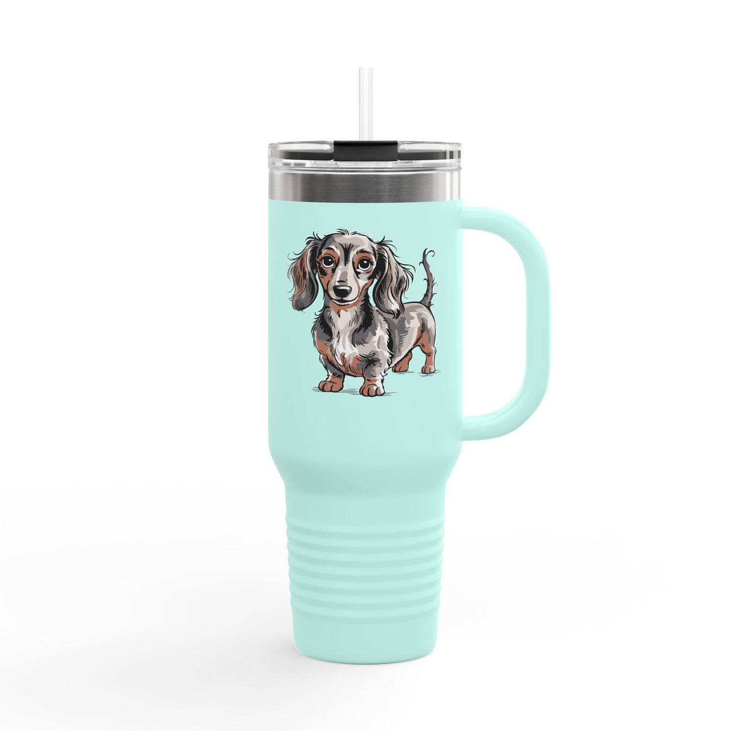 Long Haired Dachshund Dogs Illustration 40oz Travel Mug | Insulated Tumbler Water Bottle with Cute Wiener Dog Artwork