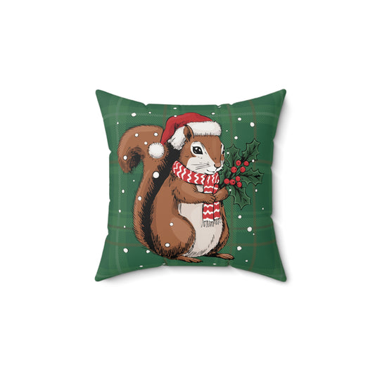 Christmas Squirrel Throw Pillow, Santa Squirrels Holiday Home Decor, Faux Suede Green Plaid Cushion Pillows, Xmas Decorations