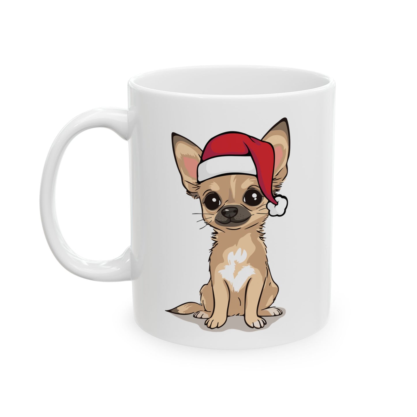 Christmas Chihuahua Dog Ceramic Mug, Holiday Xmas Santa Dogs Coffee Mug, Cute Snowy Winter Tan Puppy Tea Hot Chocolate Mug